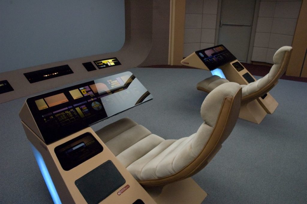 The forward consoles on a Galaxy class bridge
